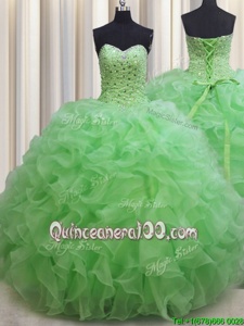 Stunning Spring Green Ball Gowns Sweetheart Sleeveless Organza Floor Length Lace Up Beading and Ruffles Quinceanera Gowns