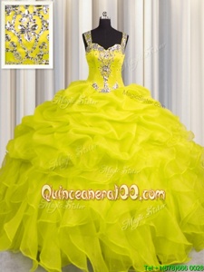 Fantastic See Through Zipper Up Yellow Green Organza Zipper Straps Sleeveless Floor Length Quinceanera Gowns Appliques and Ruffles