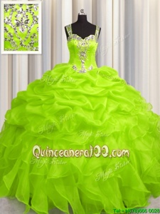 Lovely See Through Zipper Up Straps Sleeveless Zipper Ball Gown Prom Dress Spring Green Organza