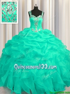 Most Popular See Through Zipper Up Sleeveless Organza Floor Length Zipper 15 Quinceanera Dress inTurquoise forSpring and Summer and Fall and Winter withAppliques and Ruffles