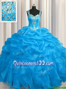 Spectacular See Through Zipper Up Blue Organza Zipper 15 Quinceanera Dress Sleeveless Floor Length Appliques and Ruffles