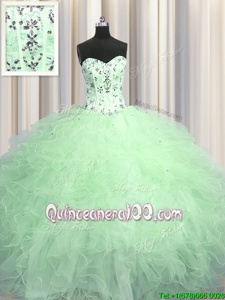 Visible Boning Apple Green Sweetheart Lace Up Beading and Appliques and Ruffles Sweet 16 Dresses Sleeveless