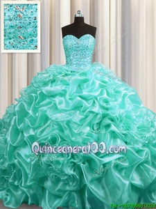 Aqua Blue Lace Up Sweetheart Beading and Pick Ups Sweet 16 Quinceanera Dress Organza Sleeveless Court Train