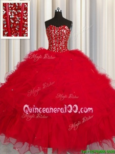 Trendy Visible Boning Sleeveless Lace Up Floor Length Beading and Ruffles and Sequins Quinceanera Gown