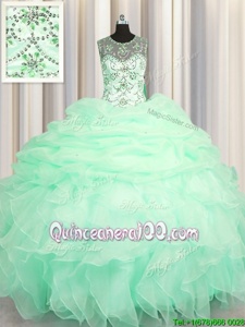 Luxurious Scoop Pick Ups See Through Apple Green Sleeveless Organza Lace Up Quinceanera Dress forMilitary Ball and Sweet 16 and Quinceanera