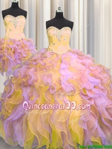 Stylish Three Piece Sweetheart Sleeveless Organza Quinceanera Gowns Beading and Appliques and Ruffles Lace Up