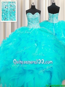 Custom Fit Visible Boning Beaded Bodice Aqua Blue Sweetheart Lace Up Beading and Ruffles Sweet 16 Quinceanera Dress Sleeveless