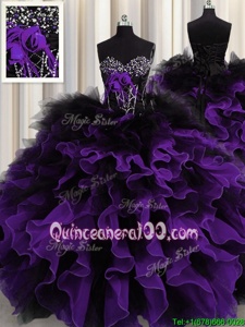 Graceful Black And Purple Organza and Tulle Lace Up Sweetheart Sleeveless Floor Length Vestidos de Quinceanera Beading and Ruffles