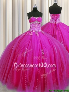 Really Puffy Floor Length Ball Gowns Sleeveless Fuchsia Quinceanera Gowns Lace Up