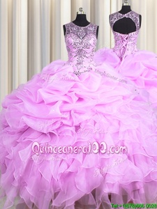 Beauteous See Through Ball Gowns Quinceanera Gown Lilac Scoop Organza Sleeveless Floor Length Lace Up