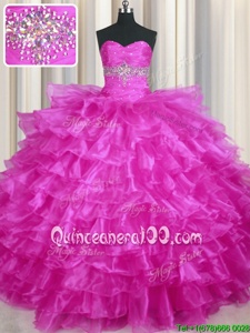 Exquisite Fuchsia Sleeveless Beading and Ruffled Layers Floor Length Quinceanera Dress