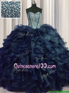 Smart Visible Boning Bling-bling With Train Navy Blue Sweet 16 Dresses Sweetheart Sleeveless Brush Train Lace Up