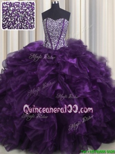 Perfect Bling-bling Sweetheart Sleeveless Organza Sweet 16 Dresses Beading and Ruffles Brush Train Lace Up