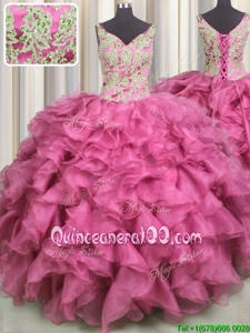 V Neck Rose Pink V-neck Neckline Beading and Ruffles Sweet 16 Dresses Sleeveless Lace Up