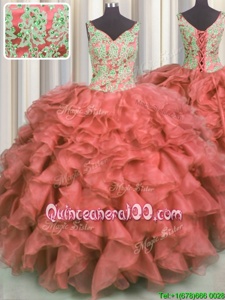 New Style V Neck Coral Red Ball Gowns Organza V-neck Sleeveless Beading and Ruffles High Low Lace Up Sweet 16 Dress