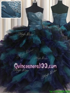 Super Multi-color Ball Gowns Sweetheart Sleeveless Organza and Tulle Floor Length Lace Up Beading and Ruffles 15th Birthday Dress