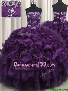 Nice Purple Sleeveless Appliques and Ruffles and Ruffled Layers Floor Length Quinceanera Gowns