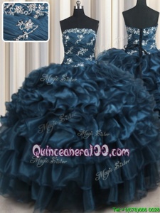 Admirable Ruffled Layers Strapless Sleeveless Lace Up 15 Quinceanera Dress Navy Blue Organza