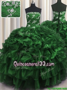 Pretty Dark Green Sleeveless Appliques and Ruffles and Ruffled Layers Floor Length Vestidos de Quinceanera