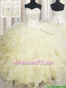 Wonderful Light Yellow Organza Lace Up Sweetheart Sleeveless Floor Length Sweet 16 Quinceanera Dress Beading and Ruffles