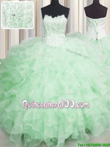 Scalloped Visible Boning Apple Green Sleeveless Floor Length Beading and Ruffles Lace Up Sweet 16 Dresses