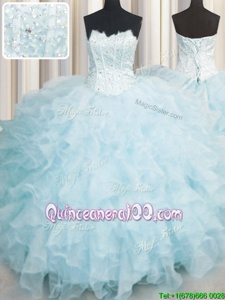 Stylish Scalloped Sleeveless Quinceanera Dresses Floor Length Ruffles Baby Blue Organza