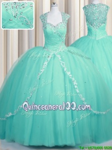 Flirting Aqua Blue Vestidos de Quinceanera Sweetheart Cap Sleeves Brush Train Zipper