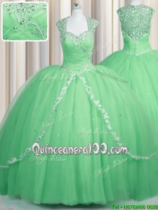 Sweetheart Cap Sleeves Brush Train Zipper 15th Birthday Dress Apple Green Tulle