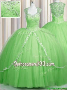 Custom Fit See Through Cap Sleeves Brush Train Zipper With Train Beading and Appliques 15th Birthday Dress