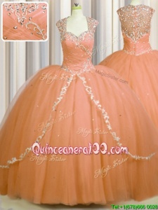 Suitable See Through Back Brush Train Orange Ball Gowns Beading and Appliques Quinceanera Dresses Zipper Tulle Cap Sleeves With Train