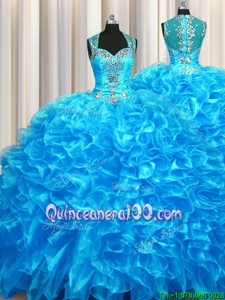 Fabulous Zipper Up See Through Back Organza Straps Sleeveless Zipper Beading and Ruffles Sweet 16 Dresses inBaby Blue