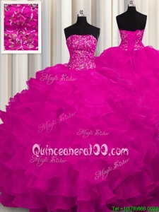 Traditional Strapless Sleeveless Sweep Train Lace Up Ball Gown Prom Dress Fuchsia Organza