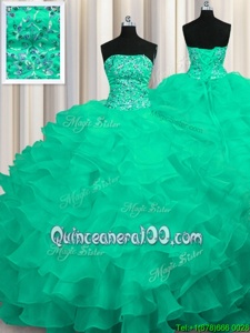 Stylish Organza Strapless Sleeveless Sweep Train Lace Up Beading and Ruffles Sweet 16 Dress inTurquoise