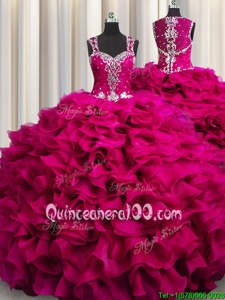 Dazzling Zipple Up See Through Back Floor Length Fuchsia Sweet 16 Dresses Straps Sleeveless Zipper