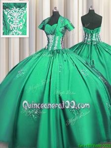 Fashion Turquoise Ball Gowns Sweetheart Short Sleeves Taffeta Floor Length Lace Up Beading and Appliques and Ruching Ball Gown Prom Dress