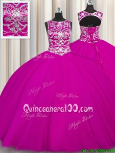 Stylish Fuchsia Scoop Lace Up Beading and Appliques 15th Birthday Dress Sleeveless