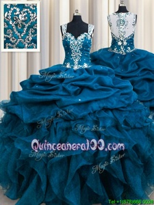 Elegant Zipple Up Sequins See Through Back Ball Gowns Quinceanera Gowns Teal Straps Organza Sleeveless Floor Length Zipper