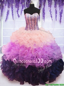 On Sale Sweetheart Sleeveless Ball Gown Prom Dress Floor Length Beading and Ruffles and Ruffled Layers Multi-color Organza