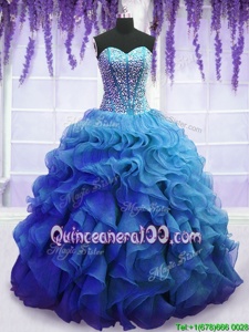 Trendy Sweetheart Sleeveless Organza Quinceanera Gown Beading and Ruffles Lace Up