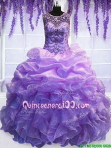 Simple Lavender Organza Lace Up Scoop Sleeveless Floor Length Vestidos de Quinceanera Beading and Pick Ups