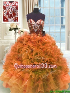 High End Floor Length Orange Vestidos de Quinceanera Organza Sleeveless Spring and Summer and Fall and Winter Ruffles