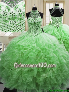 Colorful Halter Top Spring Green Sleeveless Tulle Lace Up Quince Ball Gowns forMilitary Ball and Sweet 16 and Quinceanera