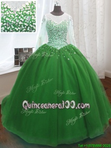 Sumptuous Scoop Green 15th Birthday Dress Organza Sweep Train Long Sleeves Spring and Summer and Fall and Winter Beading and Sequins