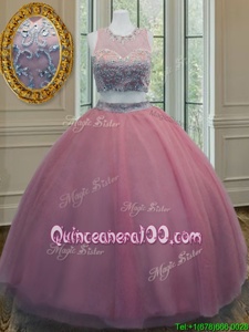 Latest Ruffled Scoop Sleeveless Zipper Quinceanera Gown Pink Tulle