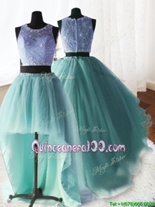 Custom Design Three Piece Scoop Lace Apple Green Sleeveless With Train Beading and Ruffles Zipper 15 Quinceanera Dress