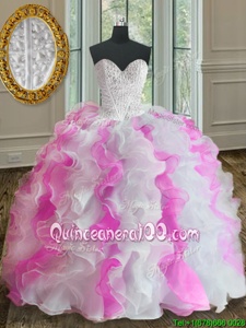 Noble Floor Length Ball Gowns Sleeveless White and Pink Quinceanera Dresses Lace Up