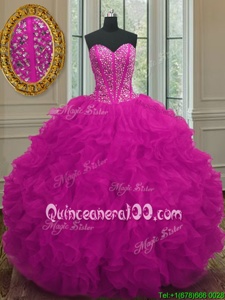 Clearance Fuchsia Sleeveless Beading and Ruffles Floor Length Sweet 16 Dress