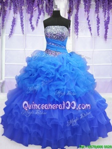 Pick Ups Ruffled Strapless Sleeveless Lace Up Sweet 16 Dress Blue Organza