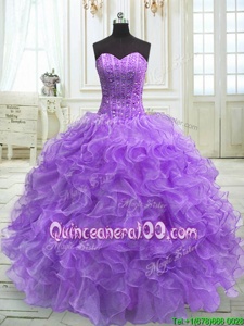 Ideal Lavender Sweet 16 Dress Military Ball and Sweet 16 and Quinceanera and For withBeading and Ruffles Sweetheart Sleeveless Lace Up