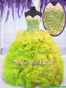 Stylish Organza Sweetheart Sleeveless Sweep Train Lace Up Beading and Ruffles Sweet 16 Dress inYellow Green